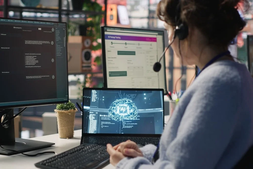Mulher de headset trabalha no computador com cérebro digital de inteligência artificial na tela.
