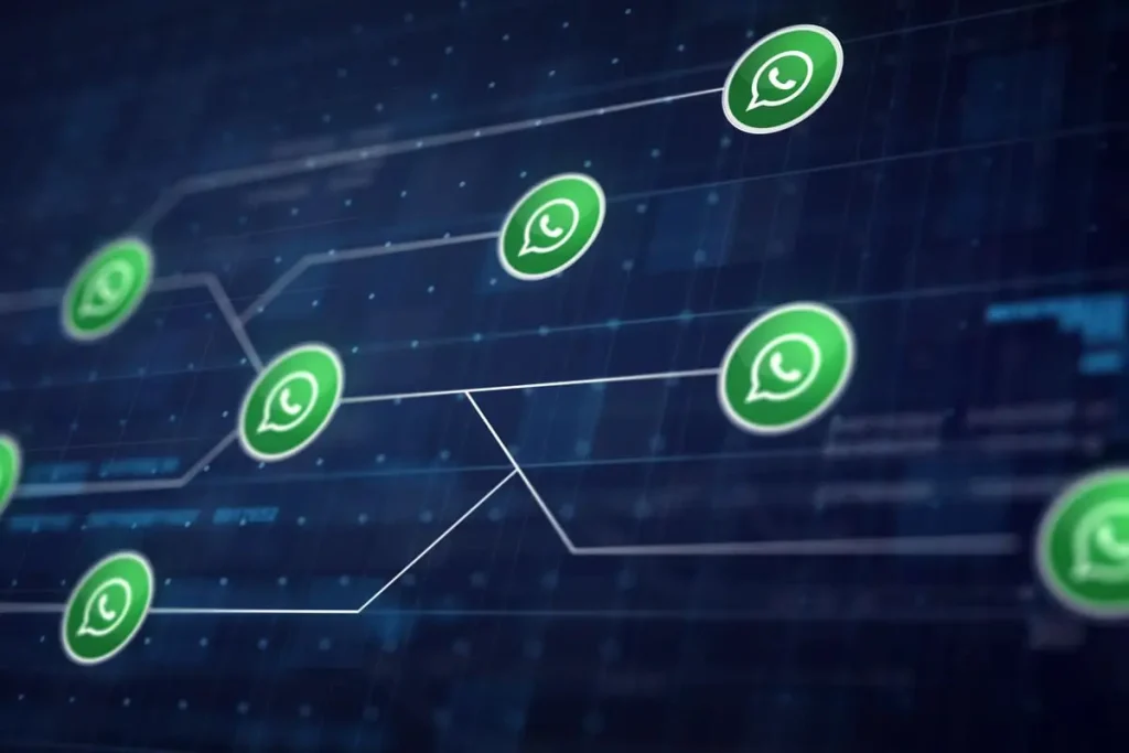 Ícones do WhatsApp interconectados por linhas em rede digital, ilustrando a função WhatsApp Username.