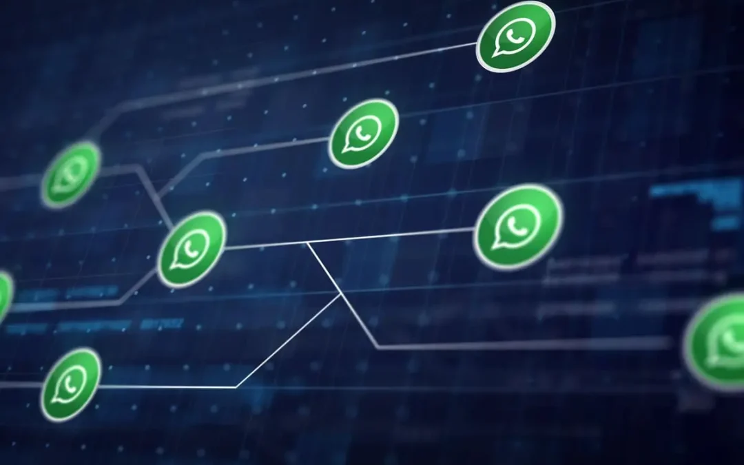 Ícones do WhatsApp interconectados por linhas em rede digital, ilustrando a função WhatsApp Username.