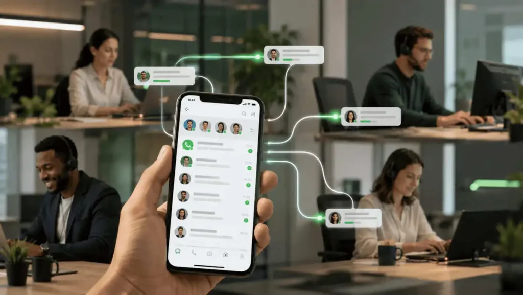 WhatsApp com vários atendentes conectados em uma rede de atendimento digital.