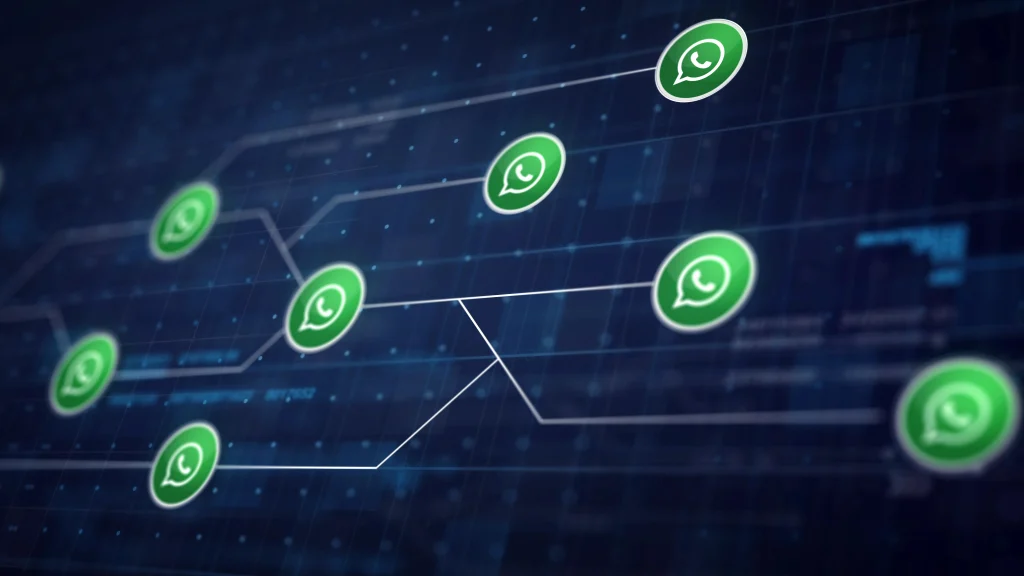 Ícones do WhatsApp conectados por linhas de rede digital sobre as mudanças de preços WhatsApp Business API.