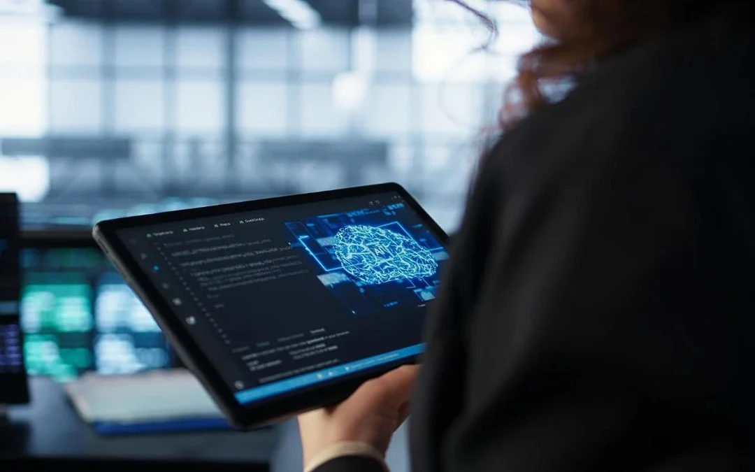 Profissional utiliza tablet com representação de inteligência artificial, ilustrando os temas de tecnologia e IA discutidos no World Summit AI.